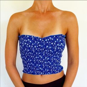 Aerie blue floral smocked elastic cropped tube top size small